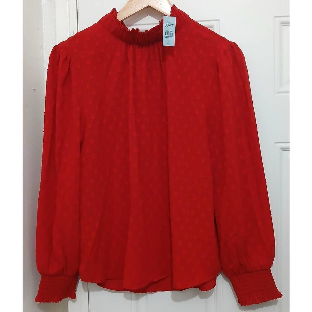 Ann Taylor womens large petite red swiss dot blouse top